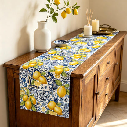 Lemon Table Runner 72 Inches Long, Linen Mediterranean Blue Tile and Yellow Lemon Table Runner for Summer Kitchen Decor, Italian Sicilian Table Decor for Dining
