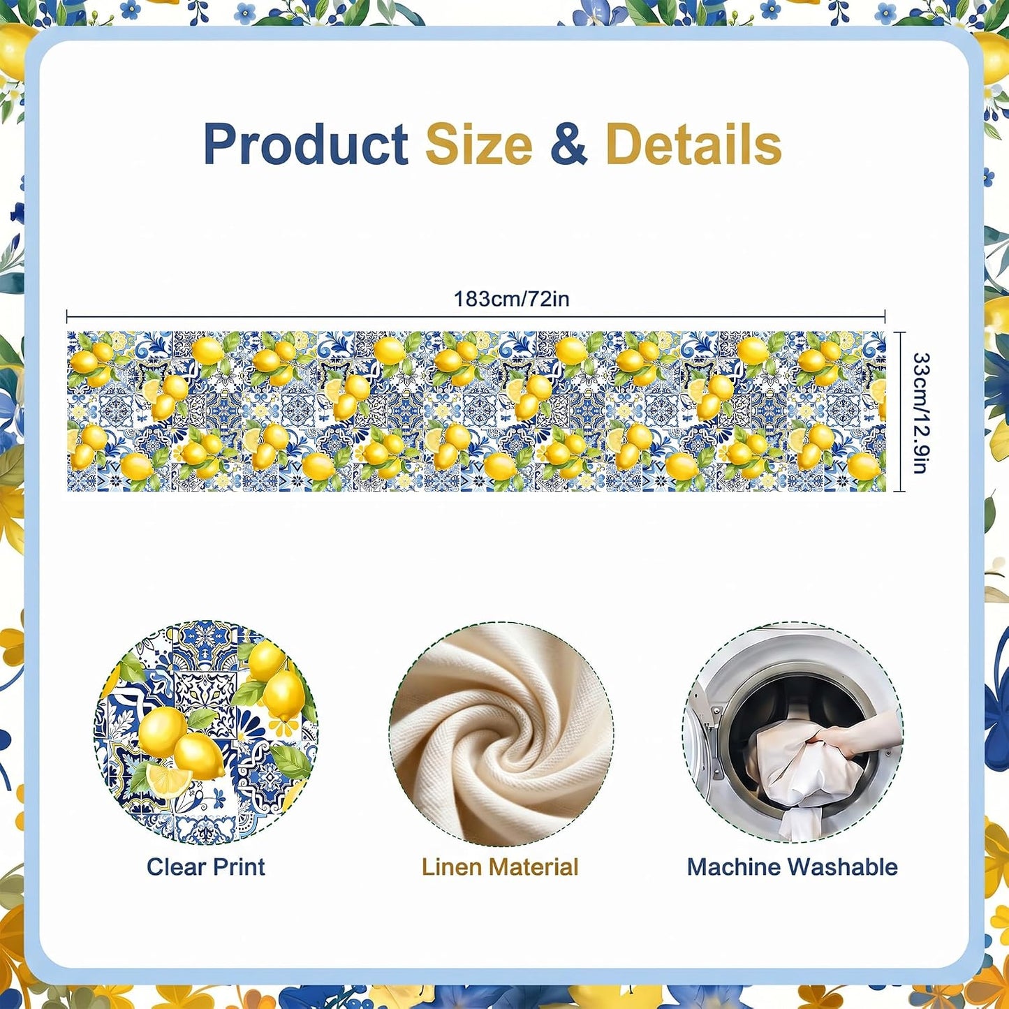 Lemon Table Runner 72 Inches Long, Linen Mediterranean Blue Tile and Yellow Lemon Table Runner for Summer Kitchen Decor, Italian Sicilian Table Decor for Dining
