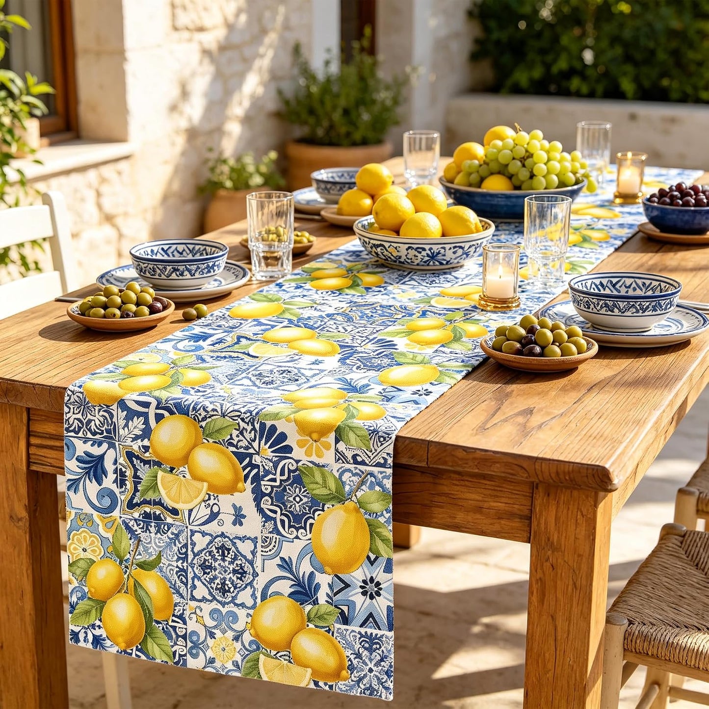 Lemon Table Runner 72 Inches Long, Linen Mediterranean Blue Tile and Yellow Lemon Table Runner for Summer Kitchen Decor, Italian Sicilian Table Decor for Dining