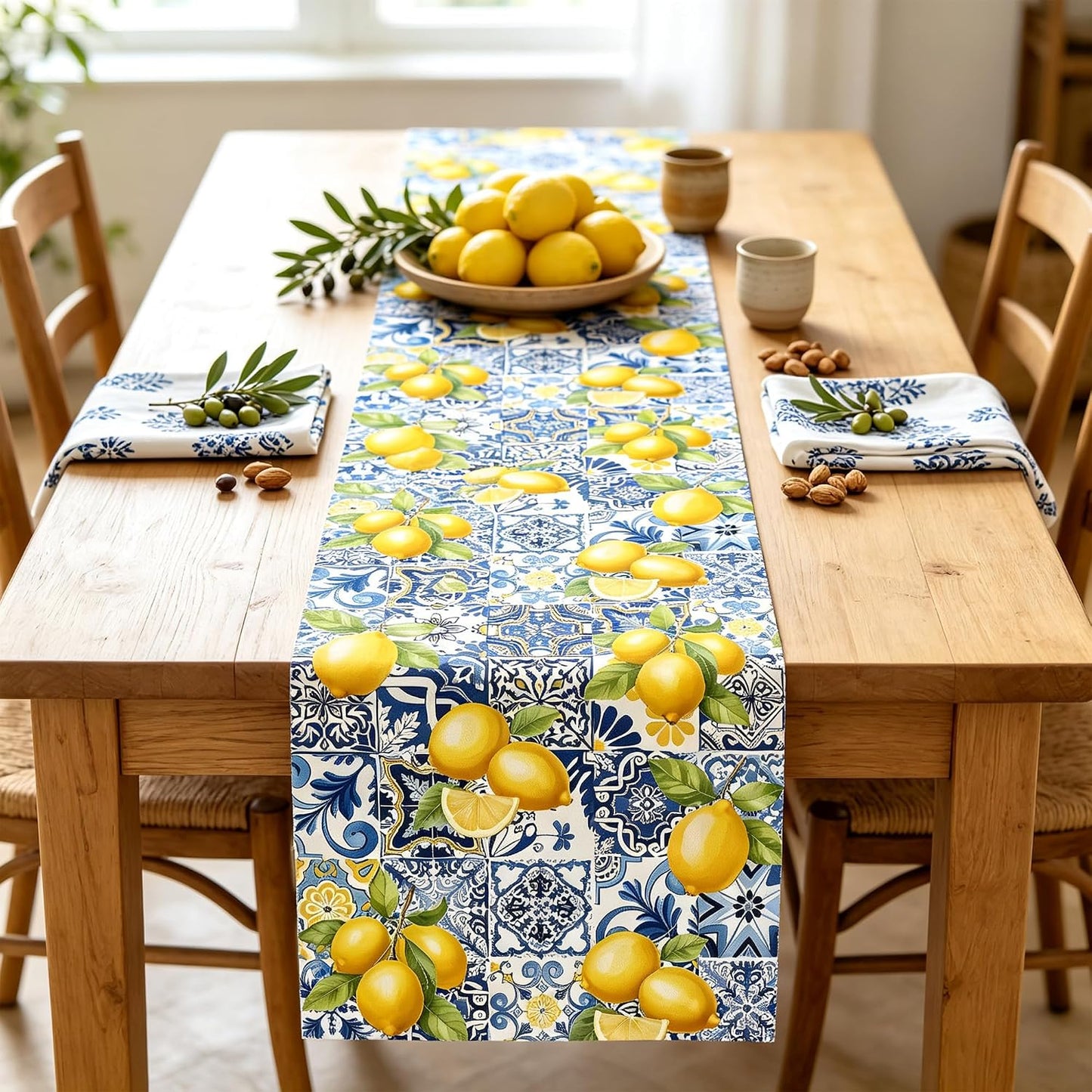 Lemon Table Runner 72 Inches Long, Linen Mediterranean Blue Tile and Yellow Lemon Table Runner for Summer Kitchen Decor, Italian Sicilian Table Decor for Dining