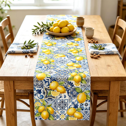 Lemon Table Runner 72 Inches Long, Linen Mediterranean Blue Tile and Yellow Lemon Table Runner for Summer Kitchen Decor, Italian Sicilian Table Decor for Dining