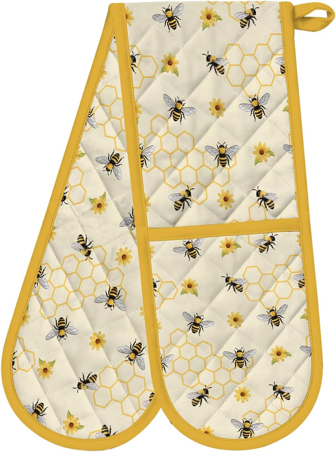 Yellow Honey Honeycomb Double Oven Mitts - Cute Bee Heat Resistant with Cotton Lining & Hanging Ropes, Extra Long Oven Mitts for Baking, BBQ | Christmas Birthday Gift for Bee Lovers, Mom