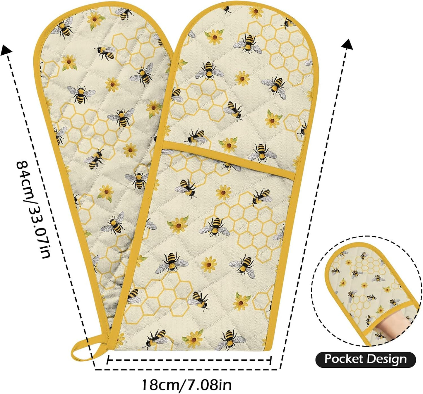 Yellow Honey Honeycomb Double Oven Mitts - Cute Bee Heat Resistant with Cotton Lining & Hanging Ropes, Extra Long Oven Mitts for Baking, BBQ | Christmas Birthday Gift for Bee Lovers, Mom