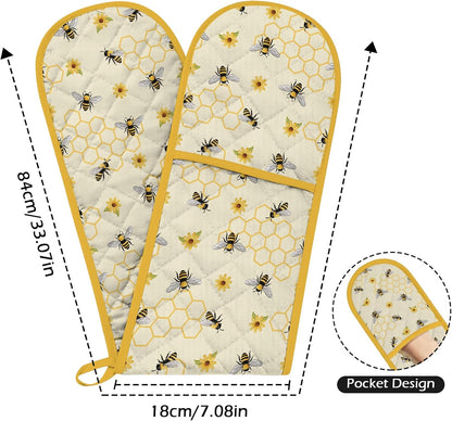 Yellow Honey Honeycomb Double Oven Mitts - Cute Bee Heat Resistant with Cotton Lining & Hanging Ropes, Extra Long Oven Mitts for Baking, BBQ | Christmas Birthday Gift for Bee Lovers, Mom