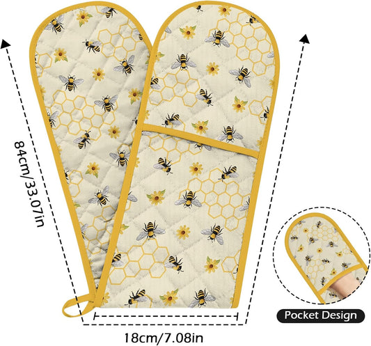 Yellow Honey Honeycomb Double Oven Mitts - Cute Bee Heat Resistant with Cotton Lining & Hanging Ropes, Extra Long Oven Mitts for Baking, BBQ | Christmas Birthday Gift for Bee Lovers, Mom