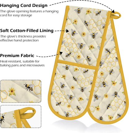 Yellow Honey Honeycomb Double Oven Mitts - Cute Bee Heat Resistant with Cotton Lining & Hanging Ropes, Extra Long Oven Mitts for Baking, BBQ | Christmas Birthday Gift for Bee Lovers, Mom