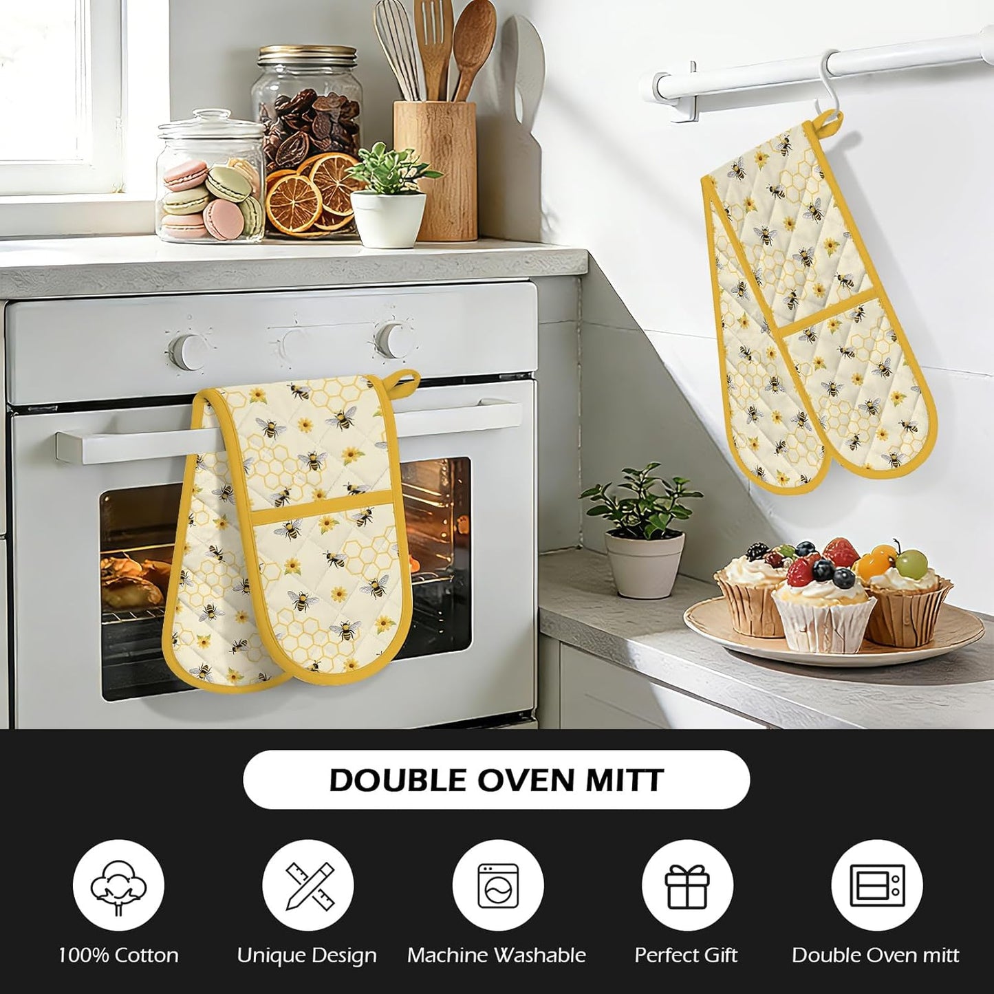Yellow Honey Honeycomb Double Oven Mitts - Cute Bee Heat Resistant with Cotton Lining & Hanging Ropes, Extra Long Oven Mitts for Baking, BBQ | Christmas Birthday Gift for Bee Lovers, Mom