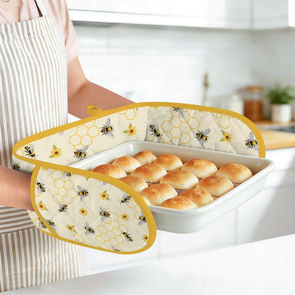 Yellow Honey Honeycomb Double Oven Mitts - Cute Bee Heat Resistant with Cotton Lining & Hanging Ropes, Extra Long Oven Mitts for Baking, BBQ | Christmas Birthday Gift for Bee Lovers, Mom