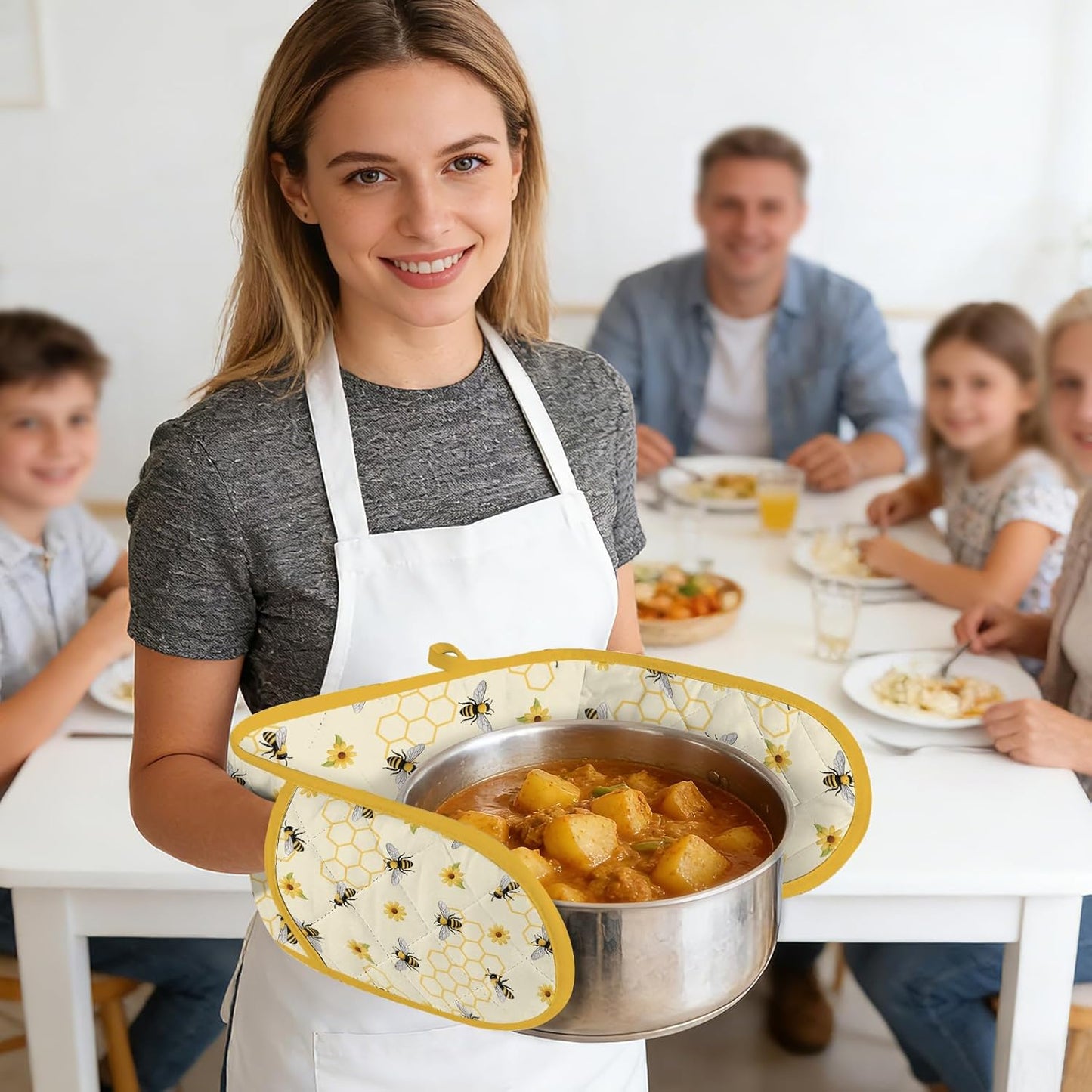 Yellow Honey Honeycomb Double Oven Mitts - Cute Bee Heat Resistant with Cotton Lining & Hanging Ropes, Extra Long Oven Mitts for Baking, BBQ | Christmas Birthday Gift for Bee Lovers, Mom