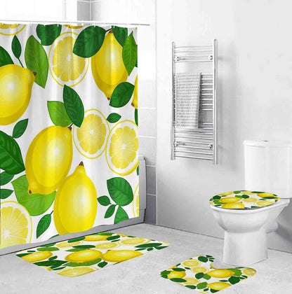 TOMWISH Bathroom Shower Curtain Set,White-Yellow Lemon PrintBathroom Rug Shower Curtain Toilet Lid Cover and Bath Mat Farmhouse Brown Animal Print Bath Accessories Decor with 12pcs Hooks