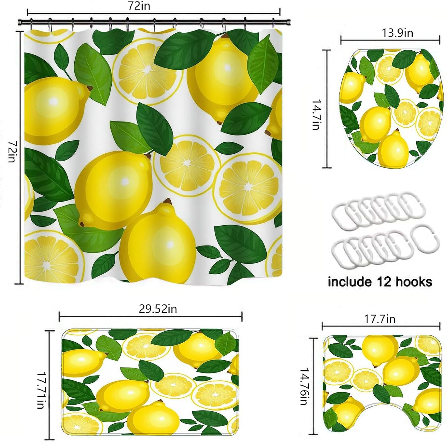 TOMWISH Bathroom Shower Curtain Set,White-Yellow Lemon PrintBathroom Rug Shower Curtain Toilet Lid Cover and Bath Mat Farmhouse Brown Animal Print Bath Accessories Decor with 12pcs Hooks