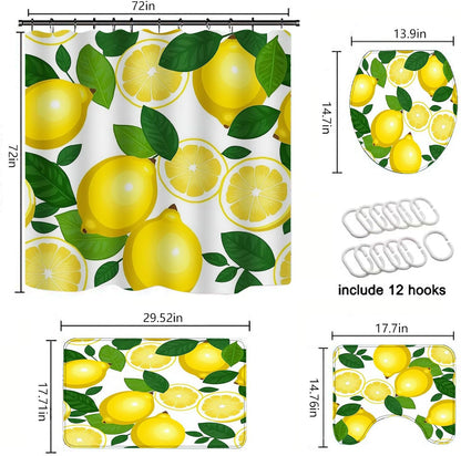 TOMWISH Bathroom Shower Curtain Set,White-Yellow Lemon PrintBathroom Rug Shower Curtain Toilet Lid Cover and Bath Mat Farmhouse Brown Animal Print Bath Accessories Decor with 12pcs Hooks