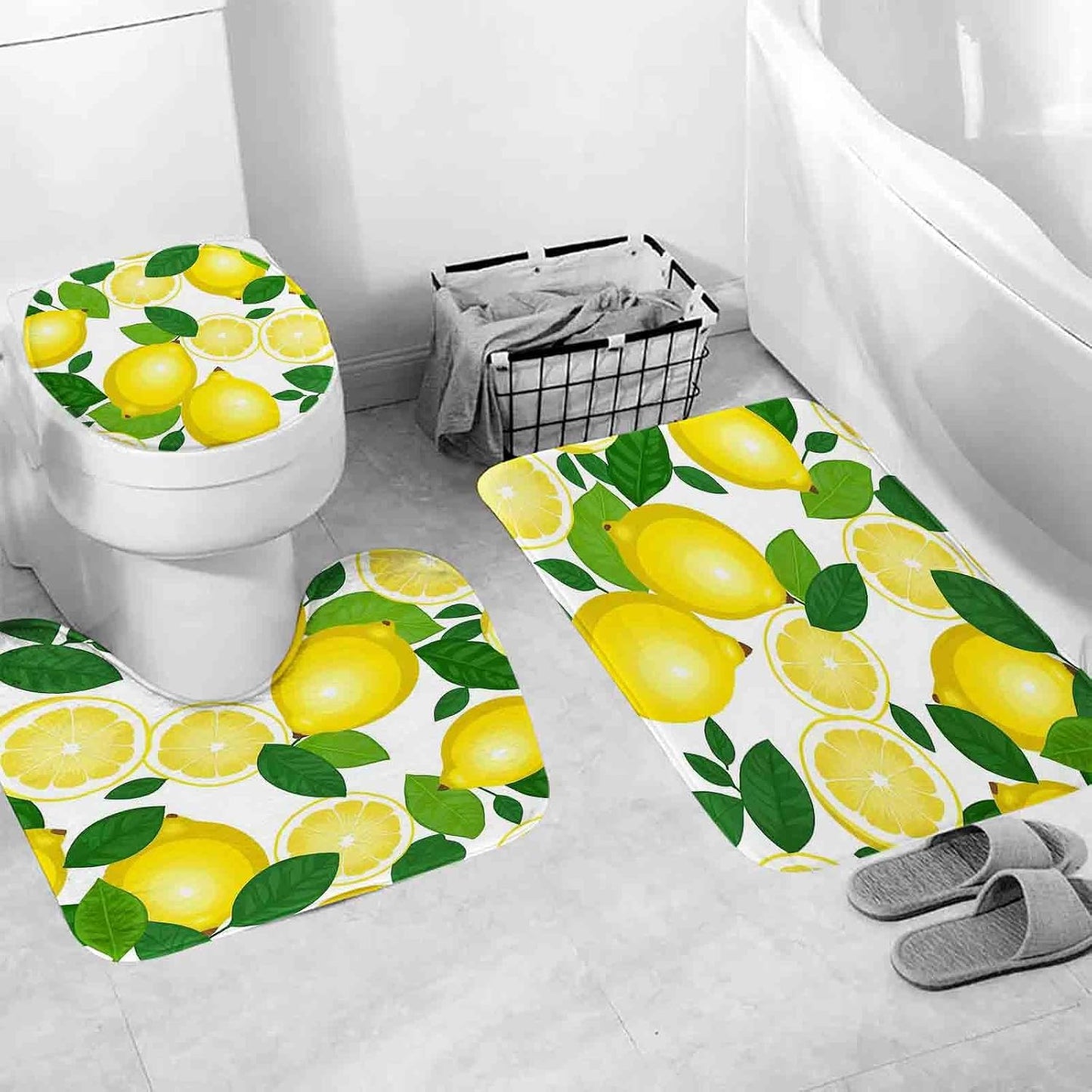 TOMWISH Bathroom Shower Curtain Set,White-Yellow Lemon PrintBathroom Rug Shower Curtain Toilet Lid Cover and Bath Mat Farmhouse Brown Animal Print Bath Accessories Decor with 12pcs Hooks