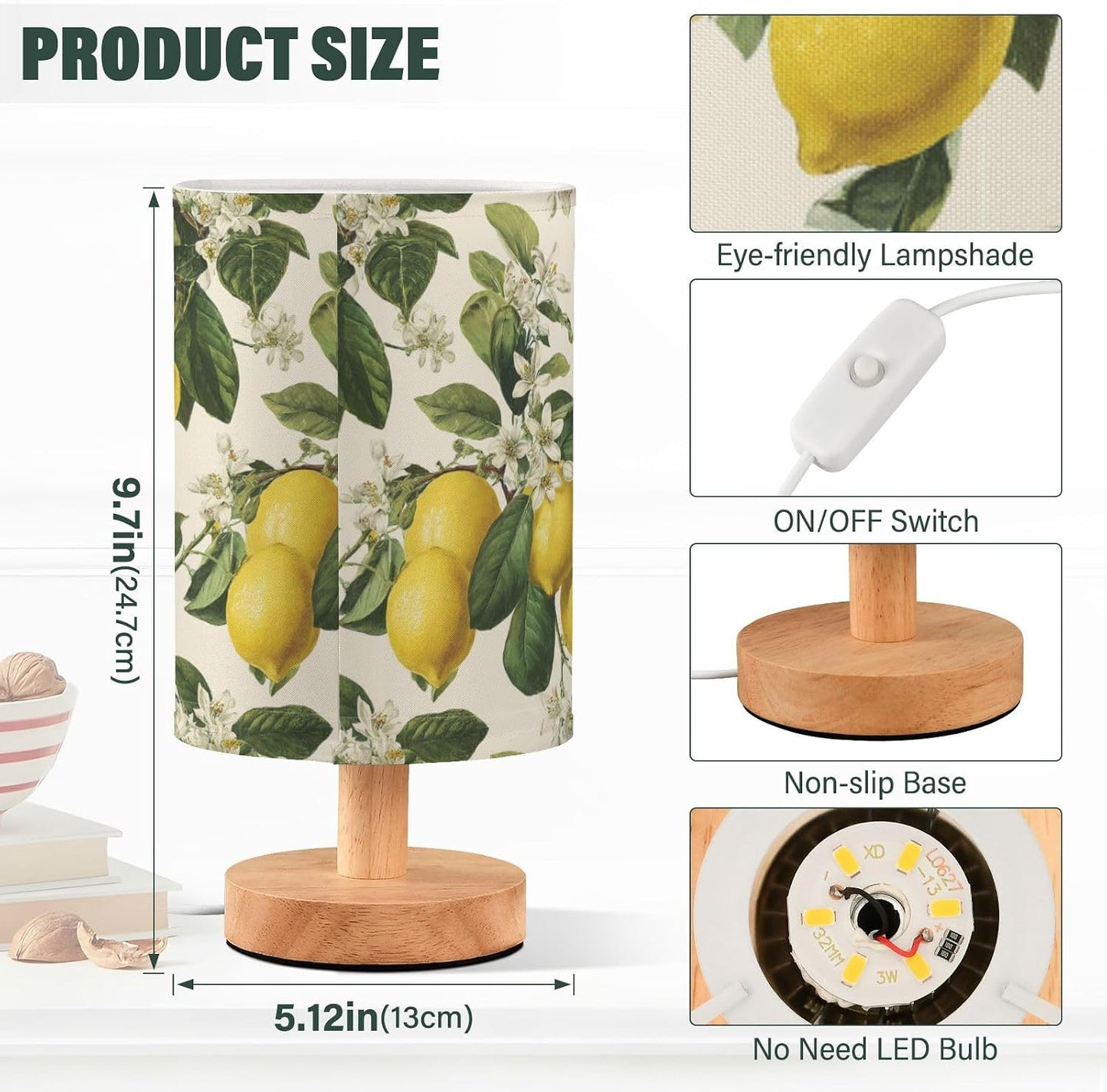 Bedside Table Lamp Lemon Yellow Citrus Fruits (112) Kids Nightstand Lamp Night Light Fabric Shade for Bedroom Living Room Home Office
