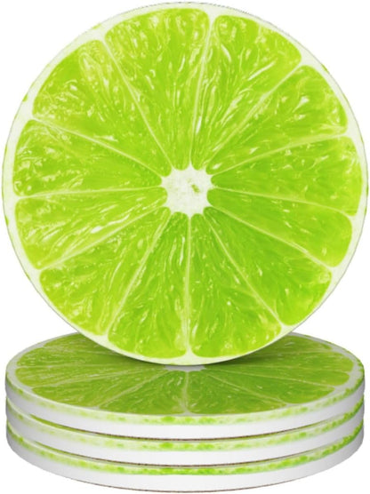 Green Lime Lemon Coasters for Drinks Set of 4, Funny Fruit Ceramic Coasters with Cork Base Absorbent for Dining Tables Restaurants Cafes Home Decor,Housewarming Gift,Round