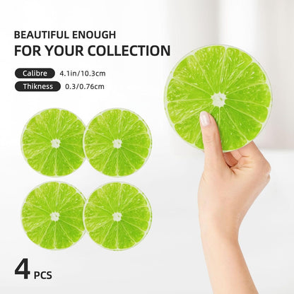 Green Lime Lemon Coasters for Drinks Set of 4, Funny Fruit Ceramic Coasters with Cork Base Absorbent for Dining Tables Restaurants Cafes Home Decor,Housewarming Gift,Round