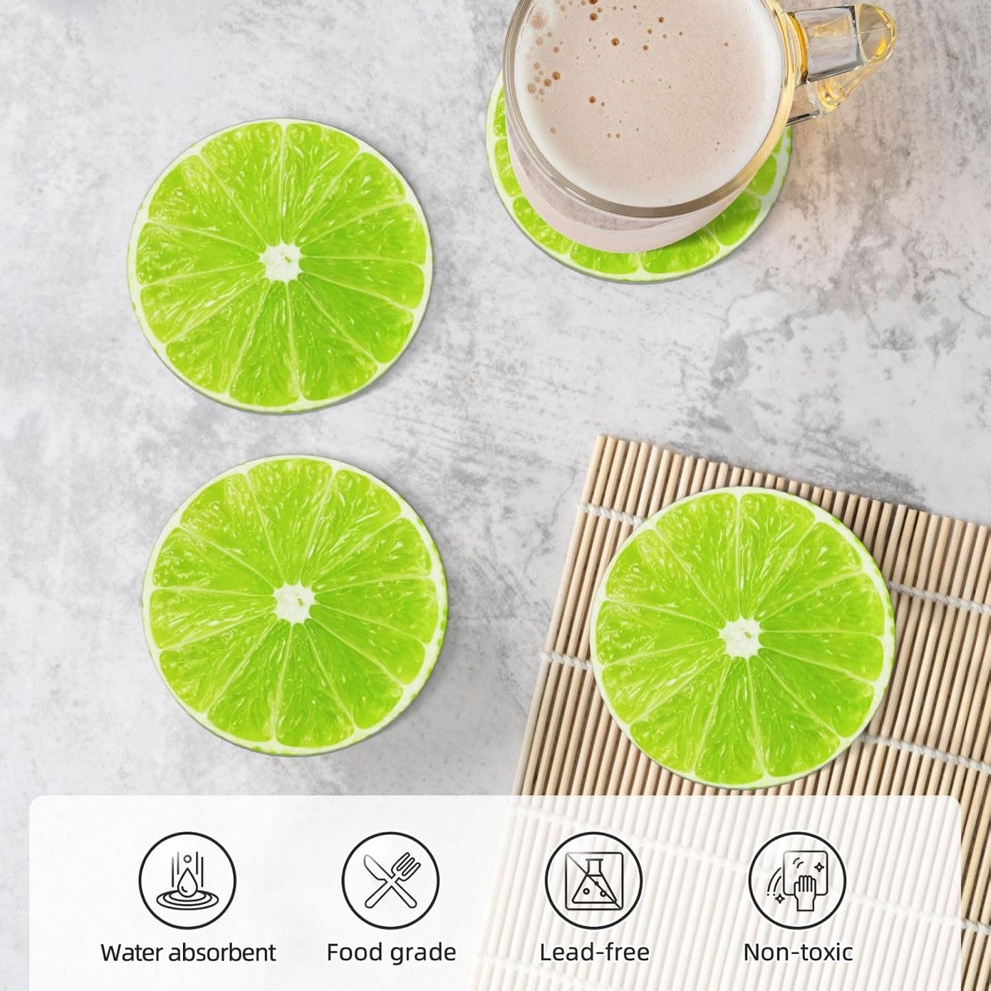 Green Lime Lemon Coasters for Drinks Set of 4, Funny Fruit Ceramic Coasters with Cork Base Absorbent for Dining Tables Restaurants Cafes Home Decor,Housewarming Gift,Round