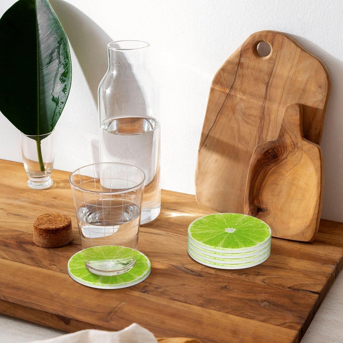 Green Lime Lemon Coasters for Drinks Set of 4, Funny Fruit Ceramic Coasters with Cork Base Absorbent for Dining Tables Restaurants Cafes Home Decor,Housewarming Gift,Round