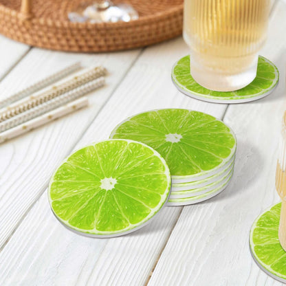 Green Lime Lemon Coasters for Drinks Set of 4, Funny Fruit Ceramic Coasters with Cork Base Absorbent for Dining Tables Restaurants Cafes Home Decor,Housewarming Gift,Round