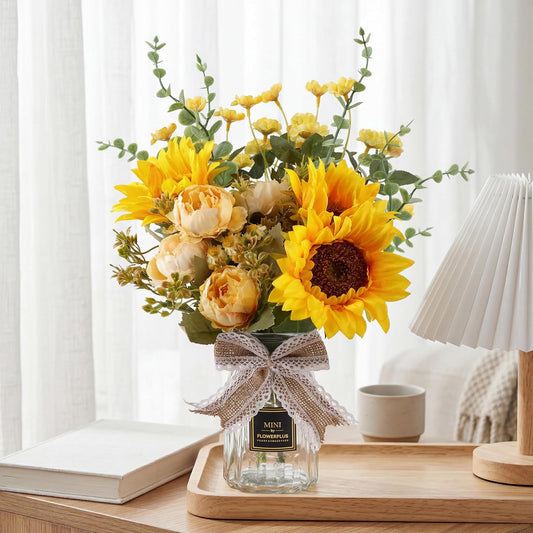 Fake Flowers in Vase, Artificial Flowers with Vase Faux Silk Floral Arrangement Table Centerpieces Decor for Home Office Dining Farmhouse Coffee Table Living Room Bathroom Plant Decor(Yellow)