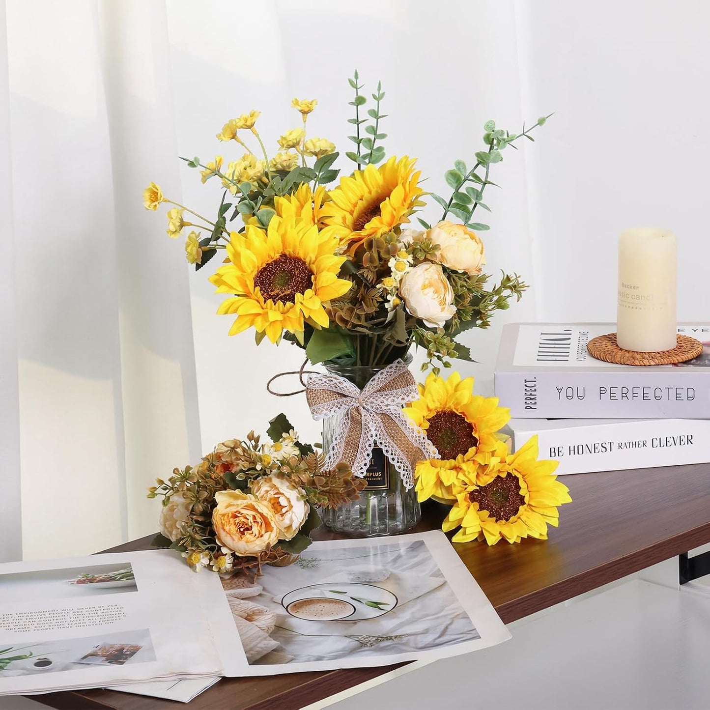 Fake Flowers in Vase, Artificial Flowers with Vase Faux Silk Floral Arrangement Table Centerpieces Decor for Home Office Dining Farmhouse Coffee Table Living Room Bathroom Plant Decor(Yellow)