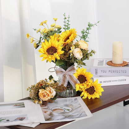 Fake Flowers in Vase, Artificial Flowers with Vase Faux Silk Floral Arrangement Table Centerpieces Decor for Home Office Dining Farmhouse Coffee Table Living Room Bathroom Plant Decor(Yellow)