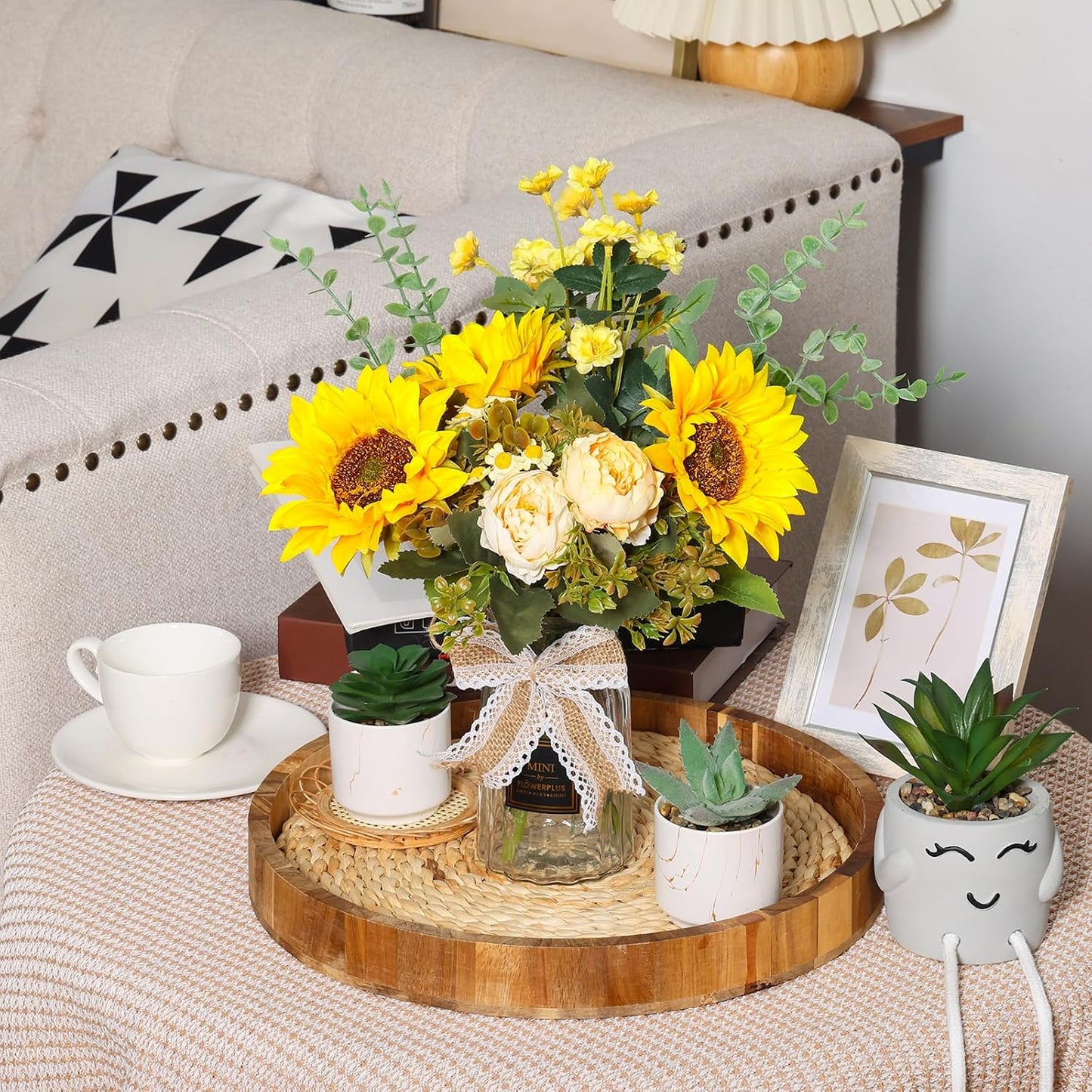 Fake Flowers in Vase, Artificial Flowers with Vase Faux Silk Floral Arrangement Table Centerpieces Decor for Home Office Dining Farmhouse Coffee Table Living Room Bathroom Plant Decor(Yellow)