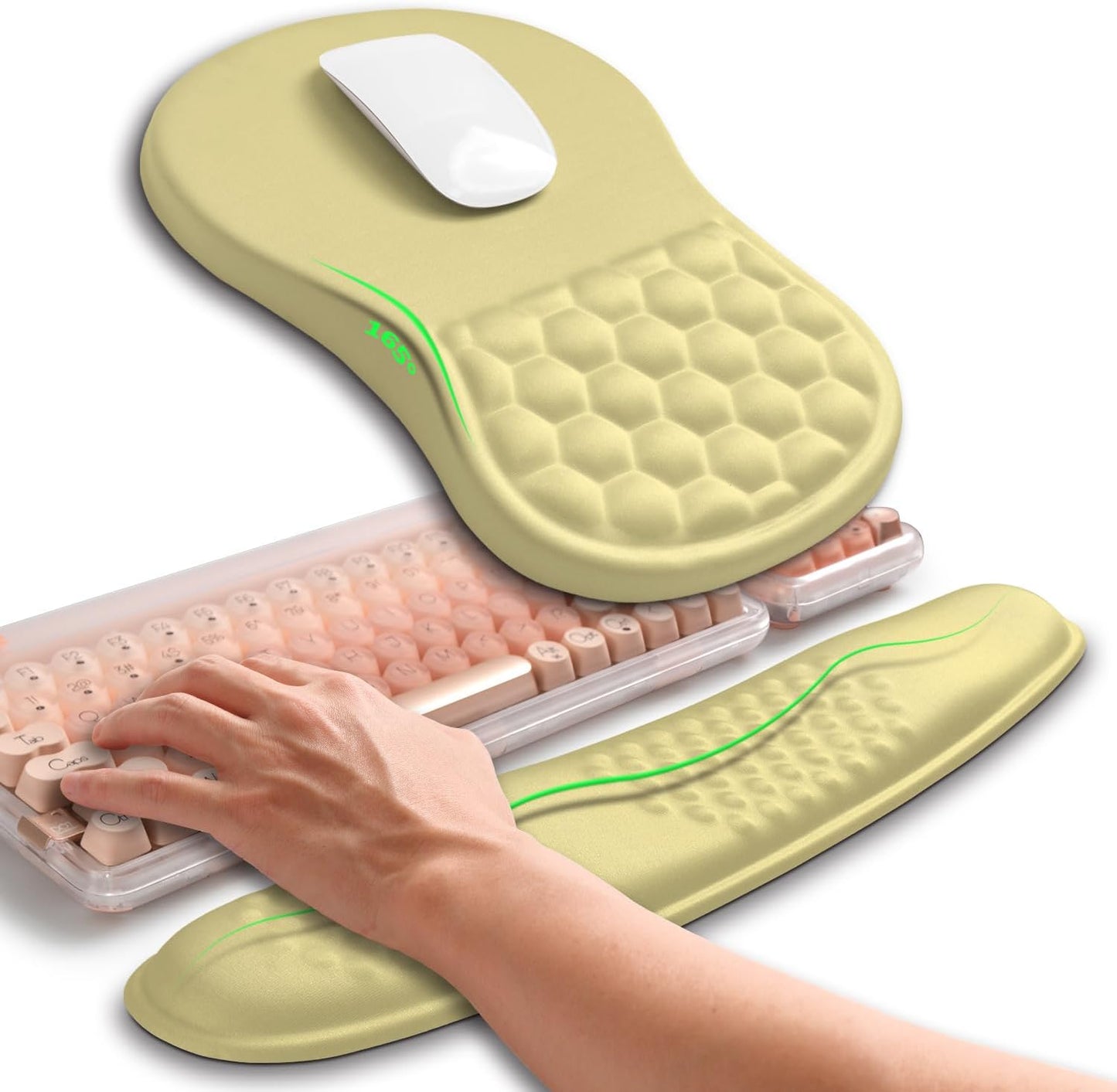 2in1 Combination, Wave Keyboard Wrist Rest and Ergonomic Curvature Mouse Pad Wrist Support for Relieve Wrist Pain, Filled with Soft Cushion Memory Foam, Butter Yellow
