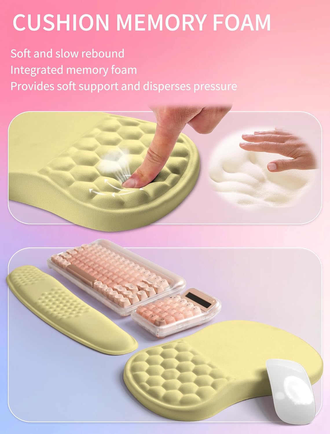 2in1 Combination, Wave Keyboard Wrist Rest and Ergonomic Curvature Mouse Pad Wrist Support for Relieve Wrist Pain, Filled with Soft Cushion Memory Foam, Butter Yellow