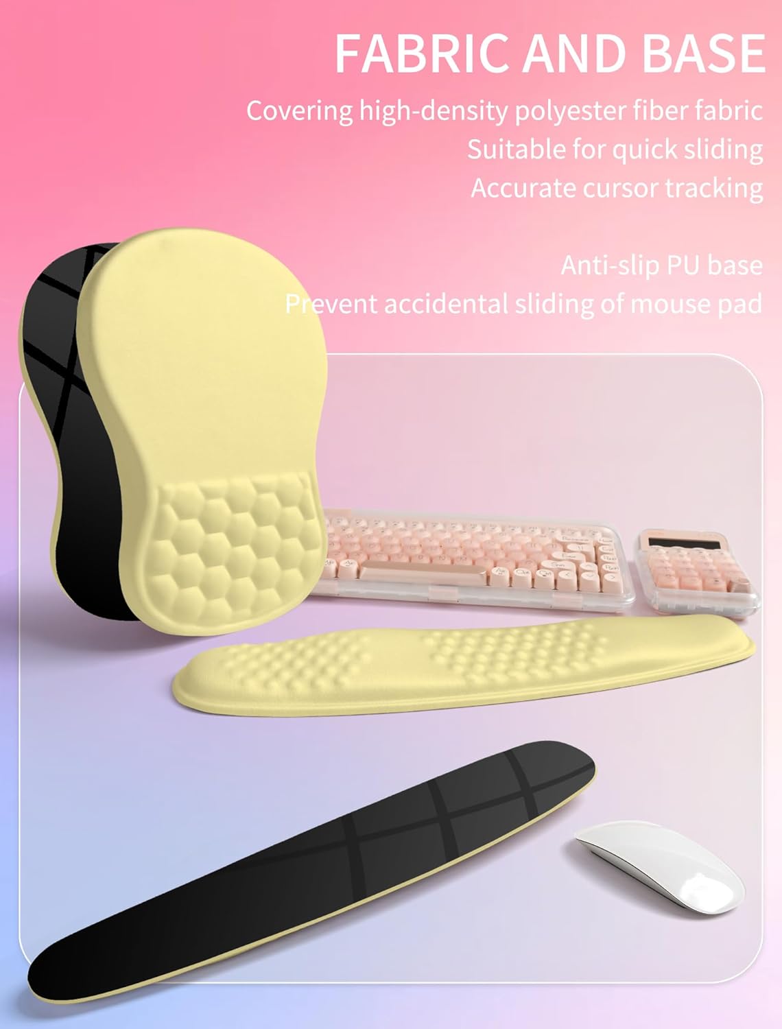 2in1 Combination, Wave Keyboard Wrist Rest and Ergonomic Curvature Mouse Pad Wrist Support for Relieve Wrist Pain, Filled with Soft Cushion Memory Foam, Butter Yellow