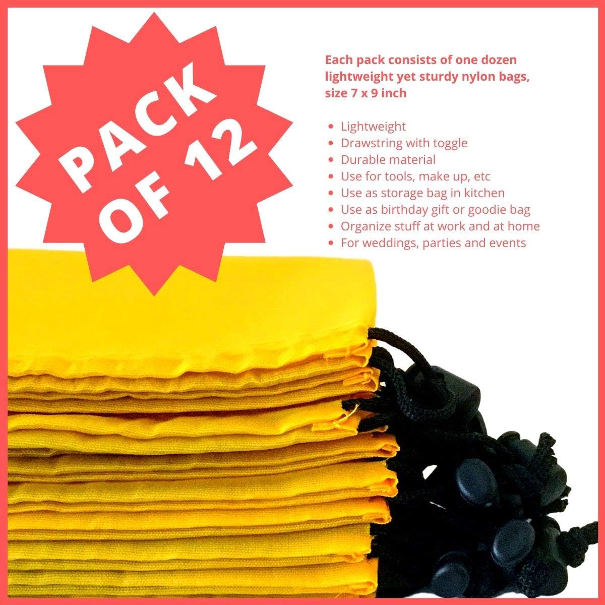 Drawstring Pouch (7 x 9 Inch, 12 Pack, Yellow) Nylon Cinch Bag with Toggle for Travel, Gym and Storage