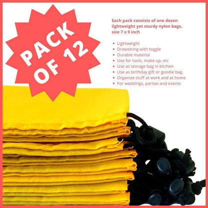 Drawstring Pouch (7 x 9 Inch, 12 Pack, Yellow) Nylon Cinch Bag with Toggle for Travel, Gym and Storage