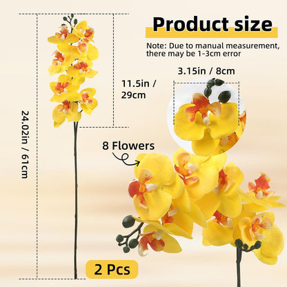2Pcs Artificial Orchid Stem Faux Flowers Fake Phalaenopsis Real Touch for Home Decor Wedding Party Centerpiece Vase Decoration (24" Yellow)