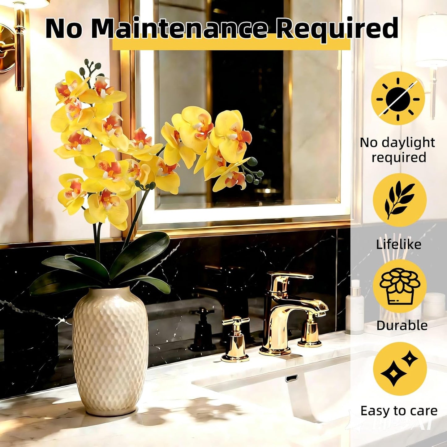 2Pcs Artificial Orchid Stem Faux Flowers Fake Phalaenopsis Real Touch for Home Decor Wedding Party Centerpiece Vase Decoration (24" Yellow)