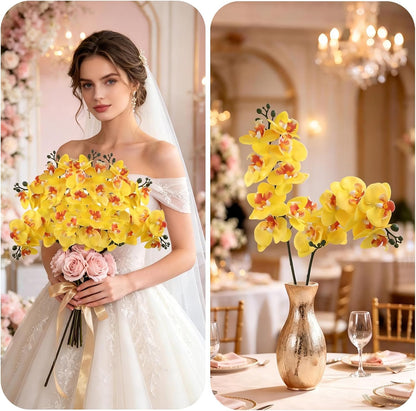 2Pcs Artificial Orchid Stem Faux Flowers Fake Phalaenopsis Real Touch for Home Decor Wedding Party Centerpiece Vase Decoration (24" Yellow)