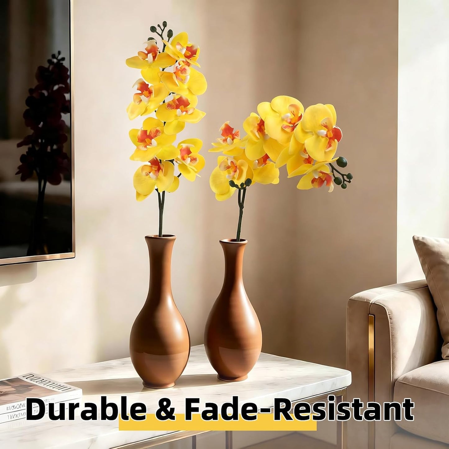 2Pcs Artificial Orchid Stem Faux Flowers Fake Phalaenopsis Real Touch for Home Decor Wedding Party Centerpiece Vase Decoration (24" Yellow)