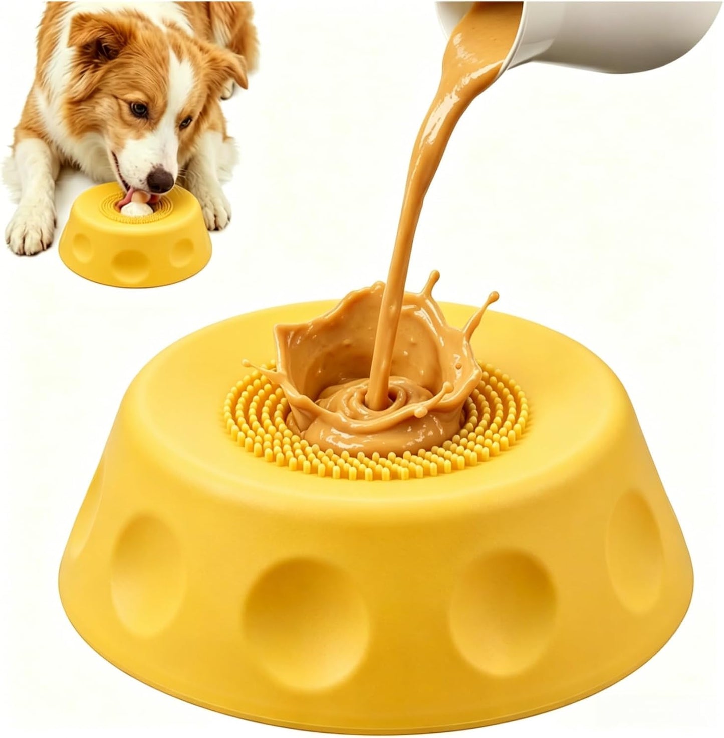 Dog Licking Bowl with Rolling Ball, Food Grade Silicone Slow Feeder, Anti-Slip Anxiety Relief Interactive Bowl for Dogs & Cats（Yellow）