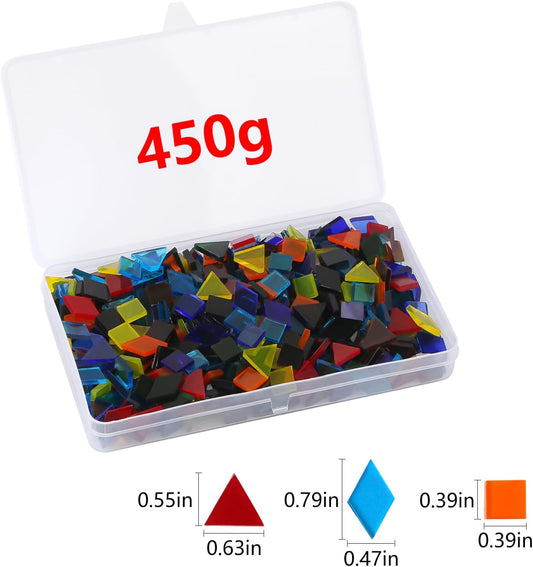 800 PCS Mixed Color Mosaic Tiles, Stained Transparent Glass Mosaic Pieces with Organizer Box for DIY Crafts Home Decoration, Triangle Square and Rhombus