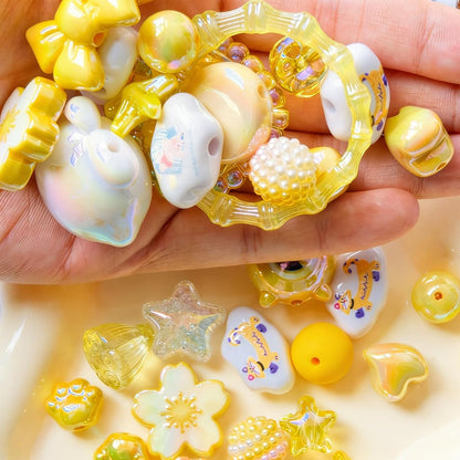 100G Assorted Acrylic Beads for Bracelet Making, Yellow Large Aesthetic Kawaii Beads for Keychain Phone Charms, Multi-Shapes Cute Bead for Jewelry Making, DIY Crafts, Necklace