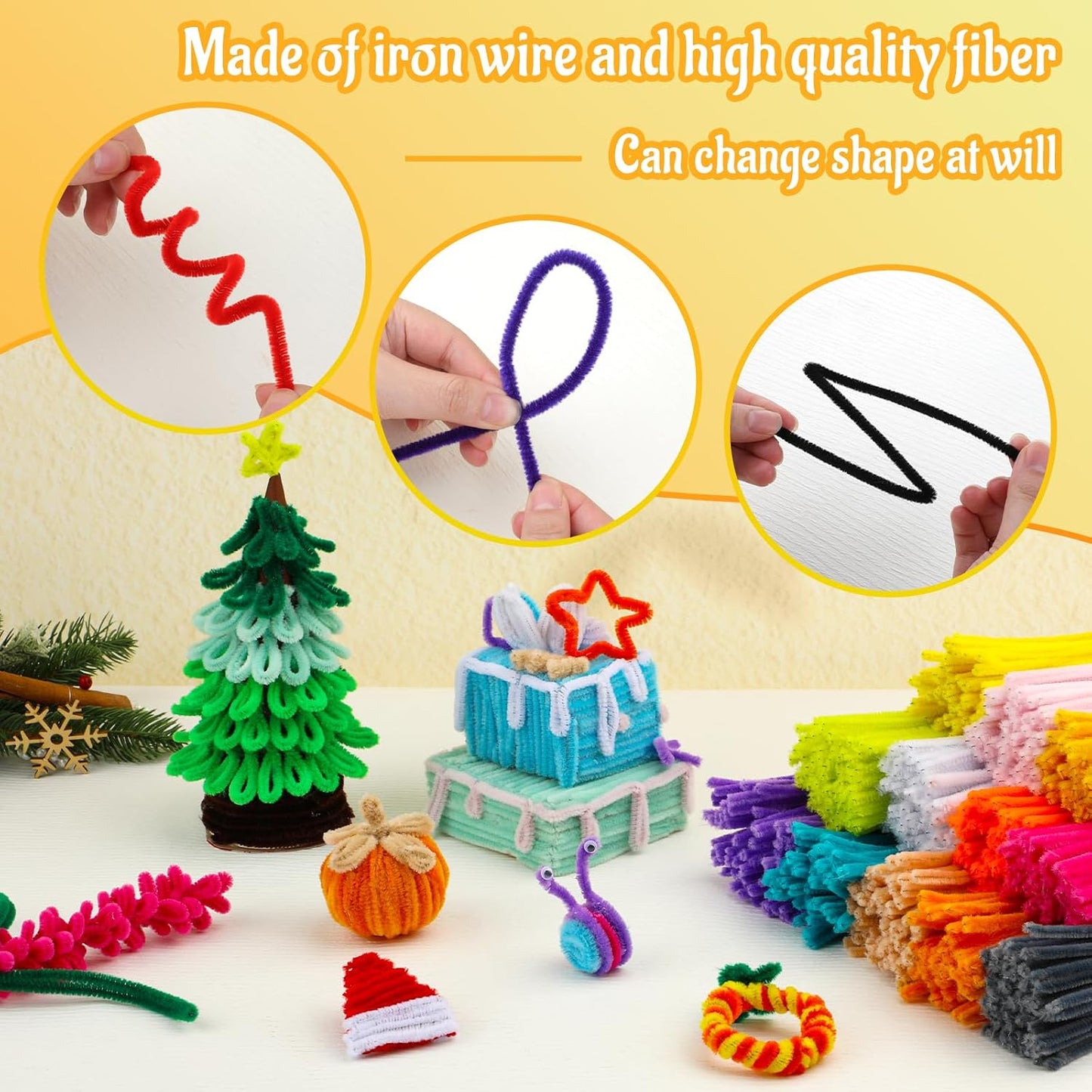 200Pcs Pipe Cleaners, Chenille Stems Pipe Cleaner Craft Supplies | Pipe Cleaners Craft, Fuzzy Sticks Christmas Craft Supplies for DIY Art & Creative Crafts Decorations, Golden