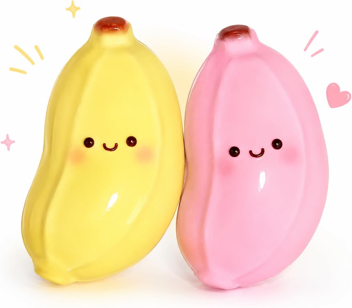 Cute Banana Squishy Squeeze Figure, Soft Slow Rising Banana Desk Companion, Kawaii Fruit Shaped Handheld Squishy for Office Desk Decor Backpack Pouch Gift, Yellow and Pink 2 Pack