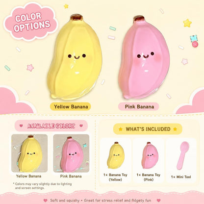 Cute Banana Squishy Squeeze Figure, Soft Slow Rising Banana Desk Companion, Kawaii Fruit Shaped Handheld Squishy for Office Desk Decor Backpack Pouch Gift, Yellow and Pink 2 Pack