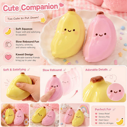 Cute Banana Squishy Squeeze Figure, Soft Slow Rising Banana Desk Companion, Kawaii Fruit Shaped Handheld Squishy for Office Desk Decor Backpack Pouch Gift, Yellow and Pink 2 Pack