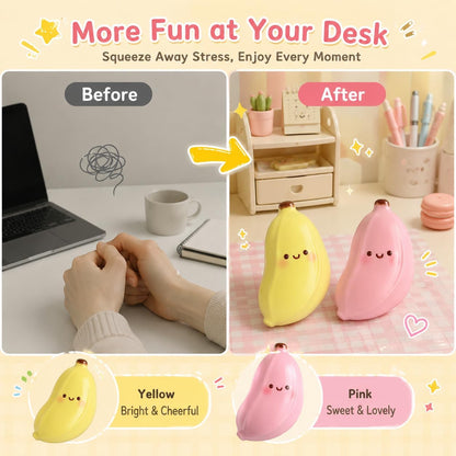 Cute Banana Squishy Squeeze Figure, Soft Slow Rising Banana Desk Companion, Kawaii Fruit Shaped Handheld Squishy for Office Desk Decor Backpack Pouch Gift, Yellow and Pink 2 Pack