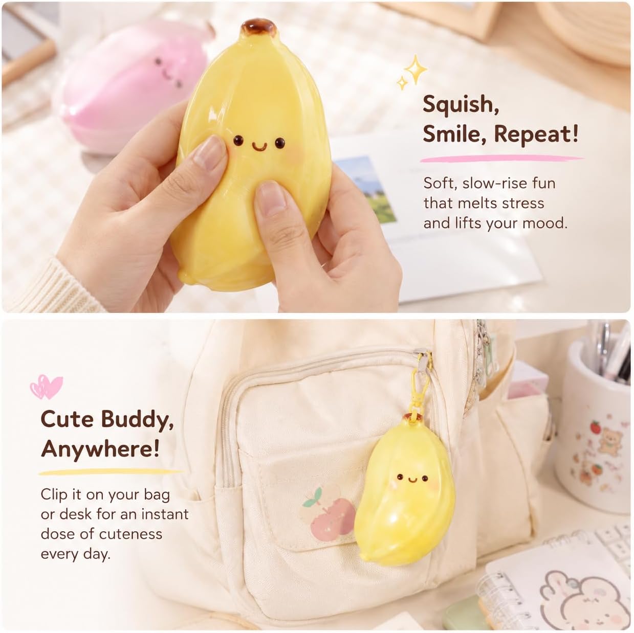 Cute Banana Squishy Squeeze Figure, Soft Slow Rising Banana Desk Companion, Kawaii Fruit Shaped Handheld Squishy for Office Desk Decor Backpack Pouch Gift, Yellow and Pink 2 Pack