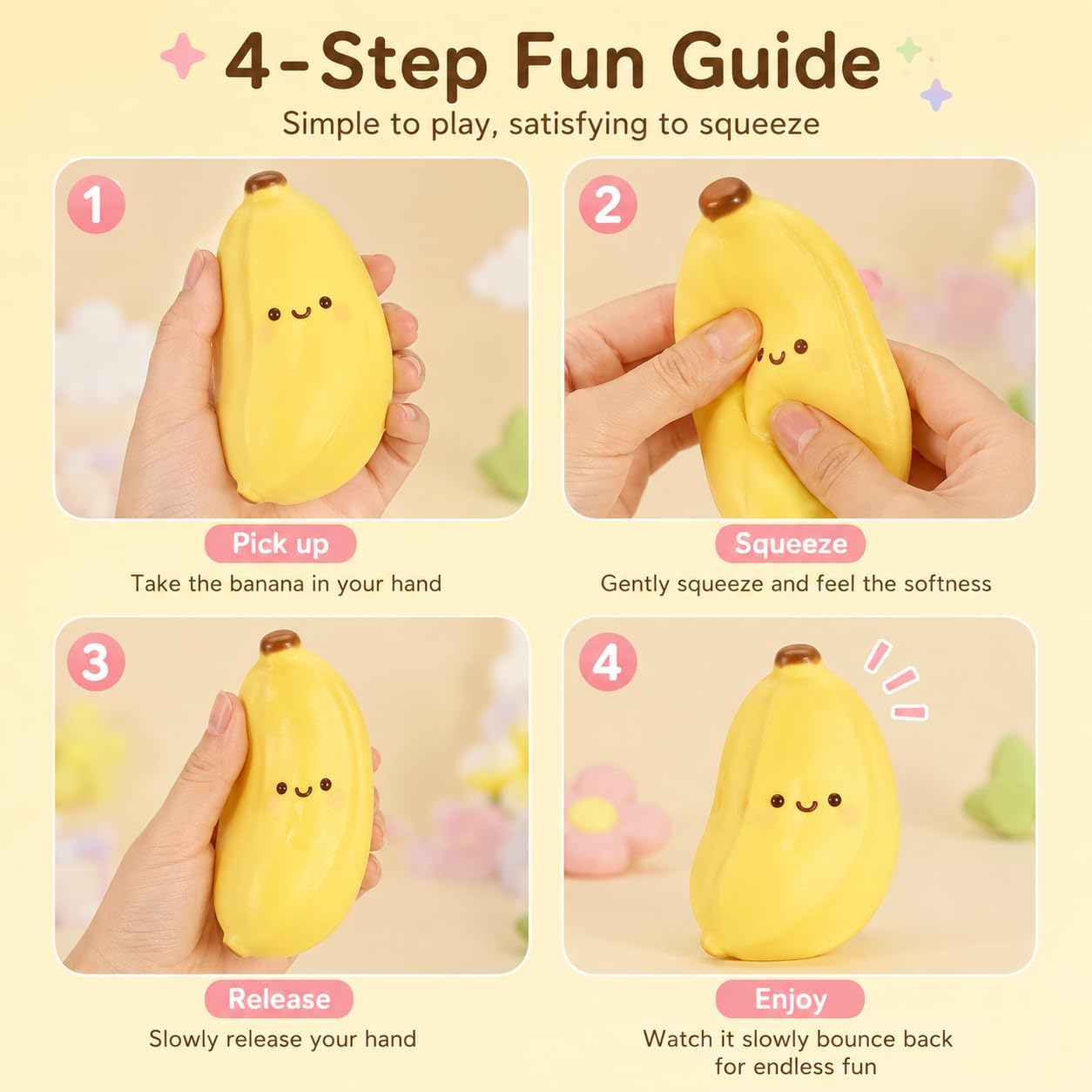 Cute Banana Squishy Squeeze Figure, Soft Slow Rising Banana Desk Companion, Kawaii Fruit Shaped Handheld Squishy for Office Desk Decor Backpack Pouch Gift, Yellow and Pink 2 Pack