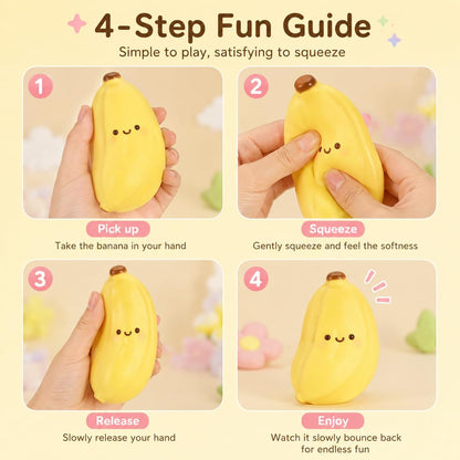 Cute Banana Squishy Squeeze Figure, Soft Slow Rising Banana Desk Companion, Kawaii Fruit Shaped Handheld Squishy for Office Desk Decor Backpack Pouch Gift, Yellow and Pink 2 Pack