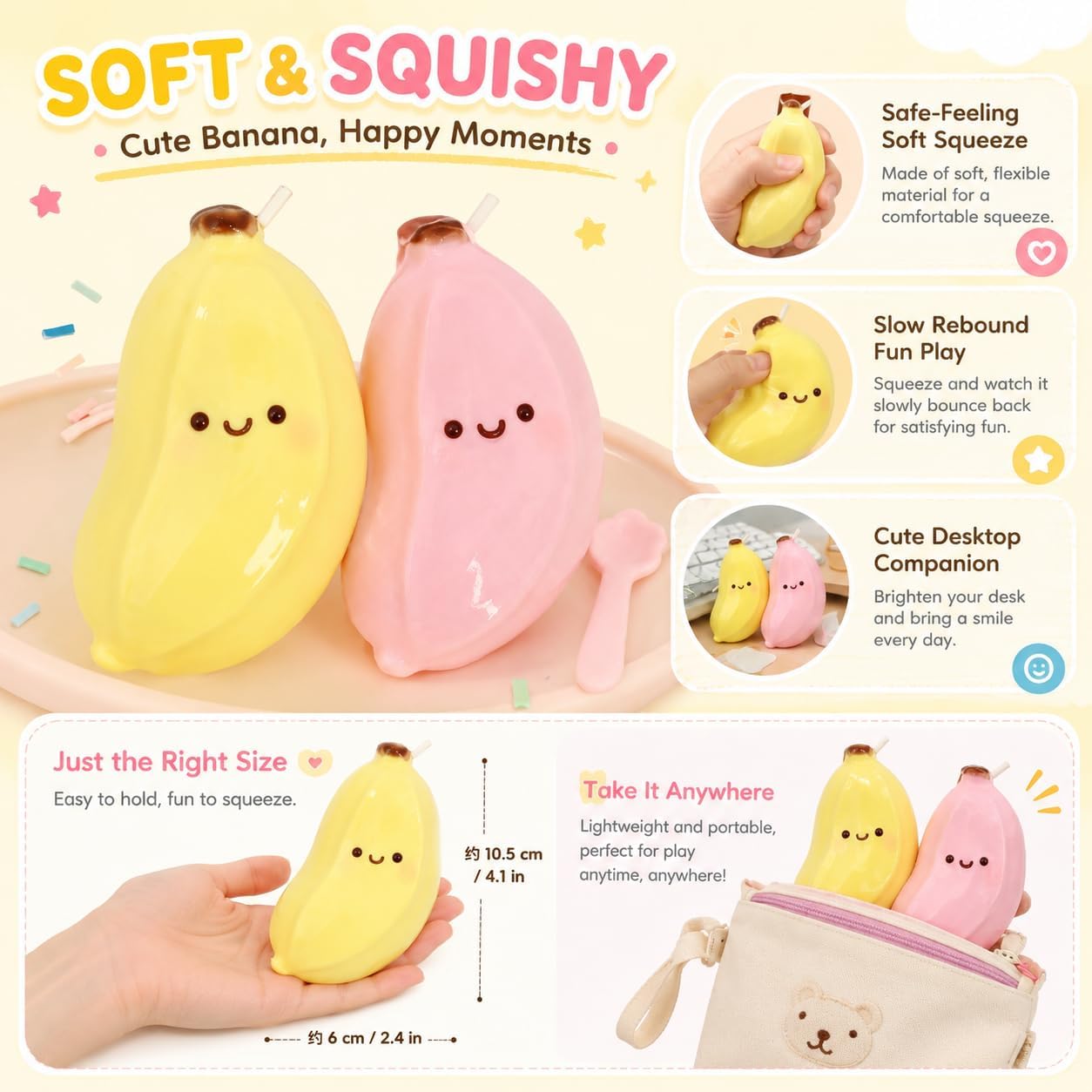 Cute Banana Squishy Squeeze Figure, Soft Slow Rising Banana Desk Companion, Kawaii Fruit Shaped Handheld Squishy for Office Desk Decor Backpack Pouch Gift, Yellow and Pink 2 Pack