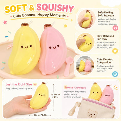 Cute Banana Squishy Squeeze Figure, Soft Slow Rising Banana Desk Companion, Kawaii Fruit Shaped Handheld Squishy for Office Desk Decor Backpack Pouch Gift, Yellow and Pink 2 Pack