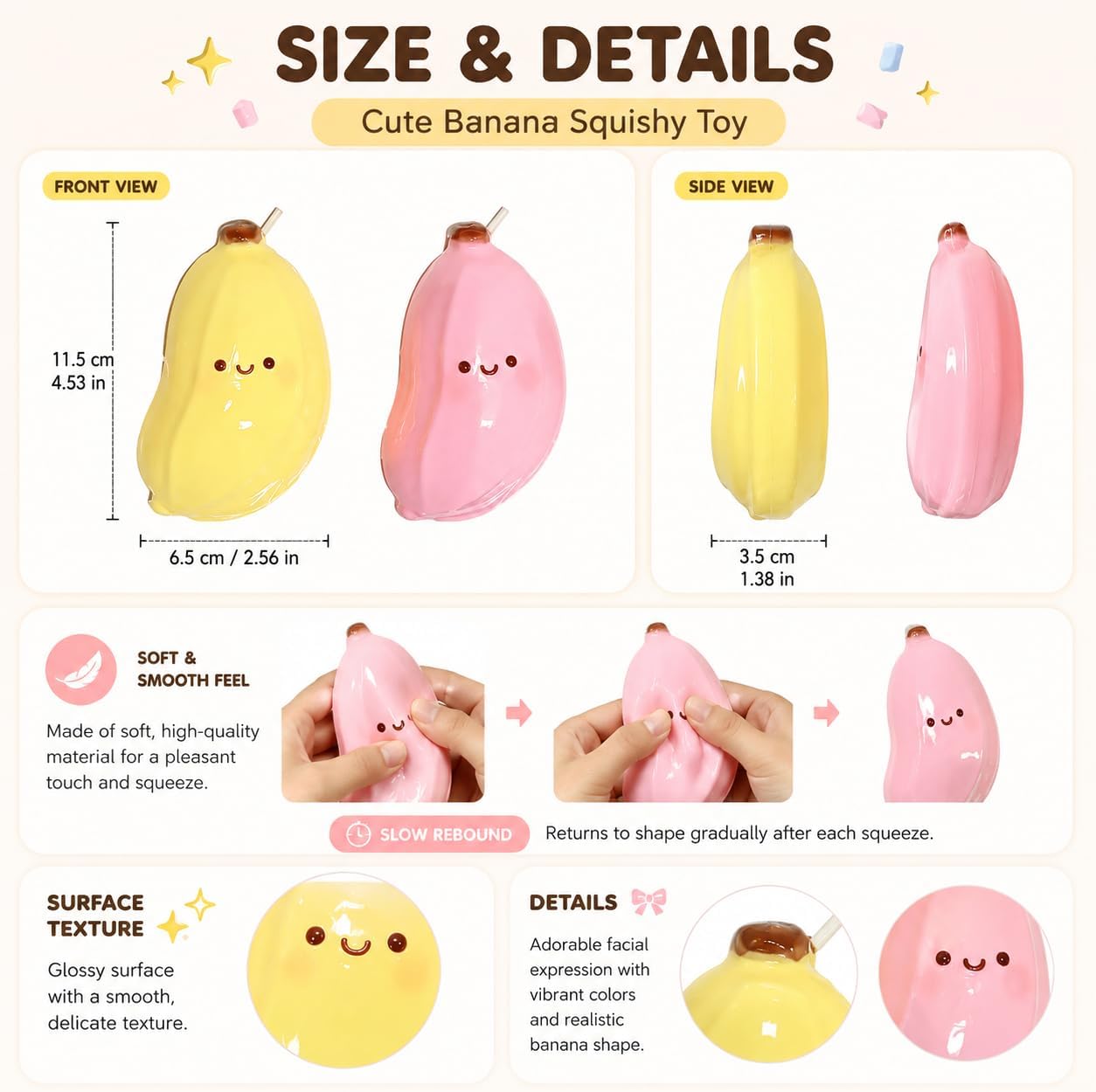 Cute Banana Squishy Squeeze Figure, Soft Slow Rising Banana Desk Companion, Kawaii Fruit Shaped Handheld Squishy for Office Desk Decor Backpack Pouch Gift, Yellow and Pink 2 Pack